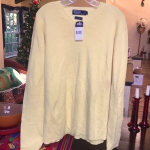 Soft yellow 100% Pima cotton v-neck sweater.